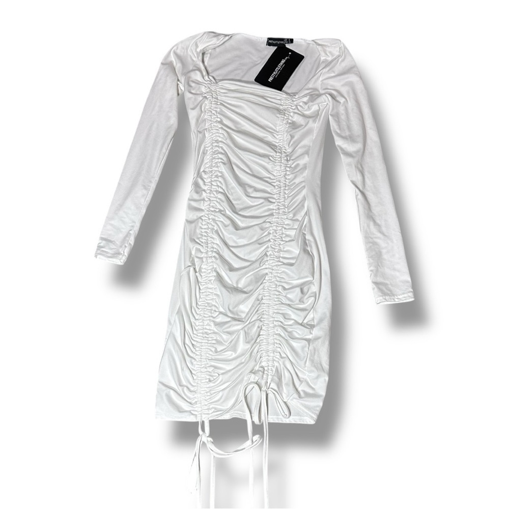 PrettyLittleThing White Long Sleeve Ruche Bodycon Dress Size 4 NWT